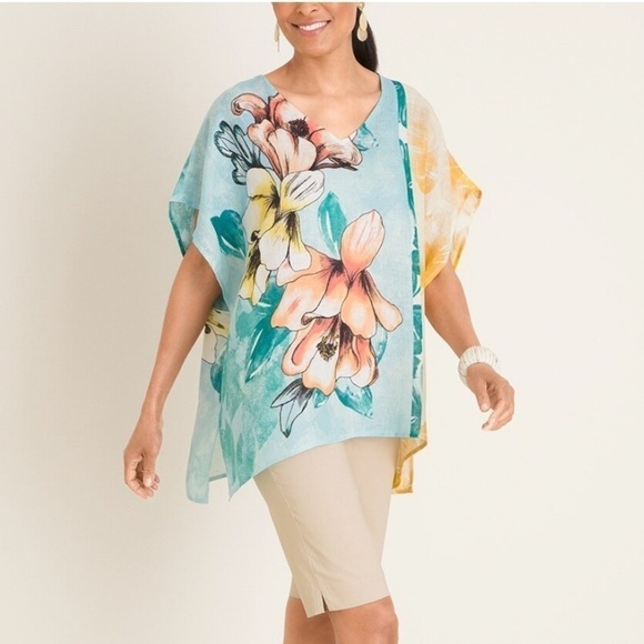 Chico’s Tropical Bloom Linen Poncho BlouseTop - Picture 1 of 15